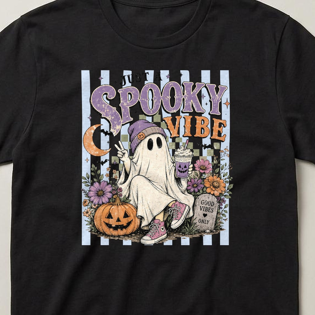Just a Spooky Vibe t-shirt, black, close view of the print
