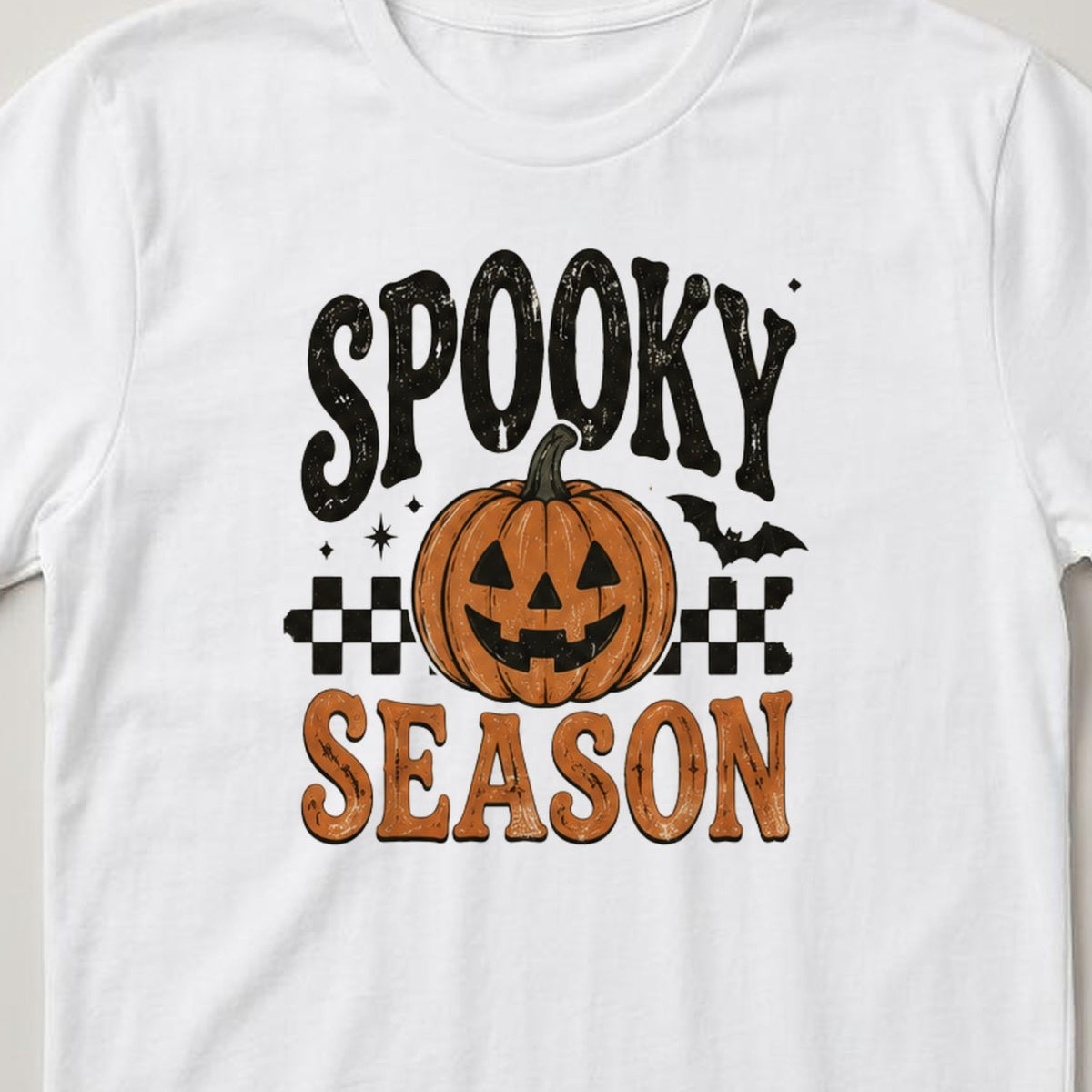 Spooky Season (Pumpkin) t-shirt, white, close view of the print