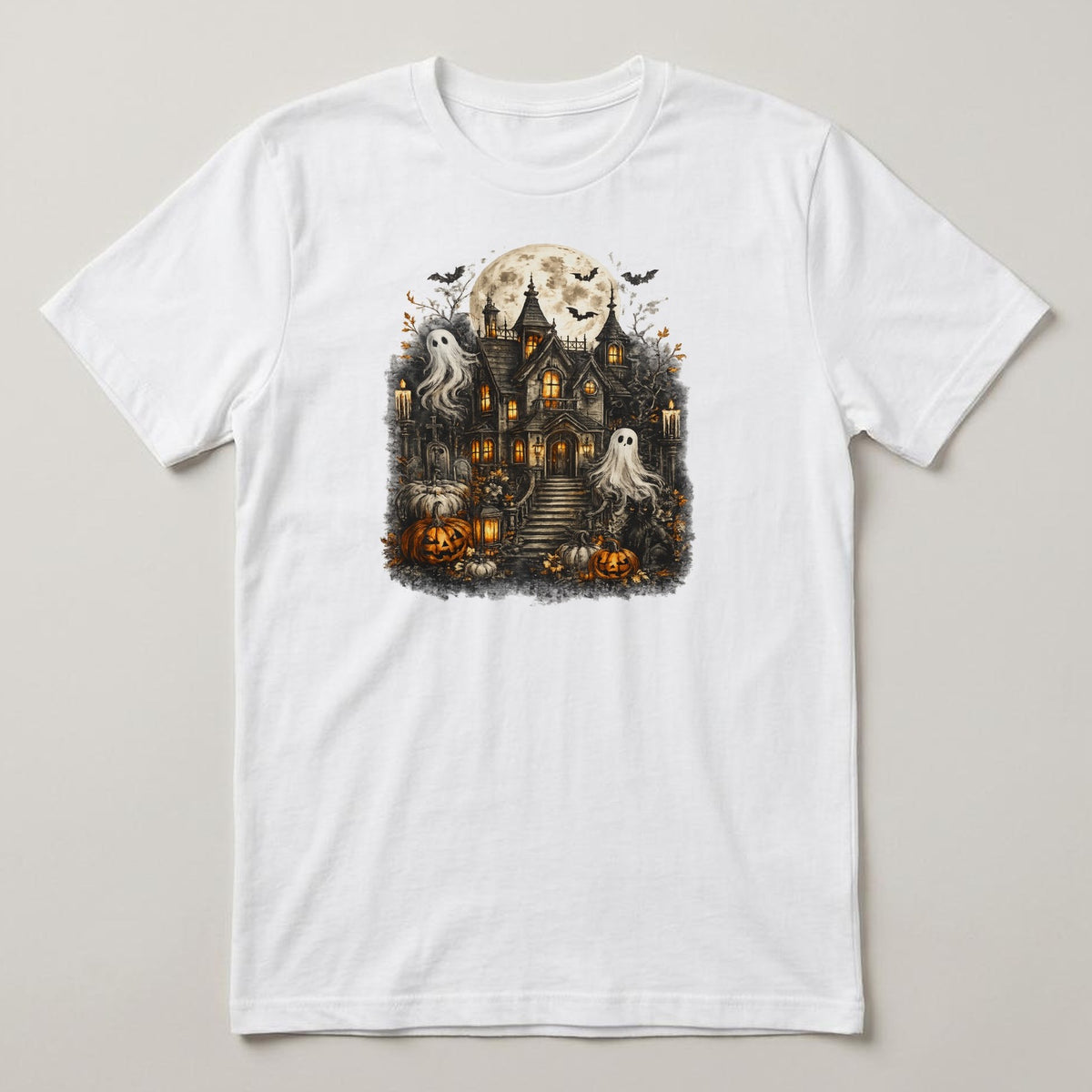 Haunted House Ghosts t-shirt, white, print on the front