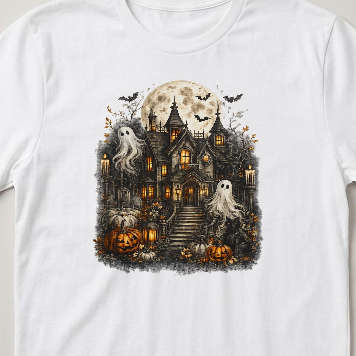 Haunted House Ghosts t-shirt, white, close view of the print