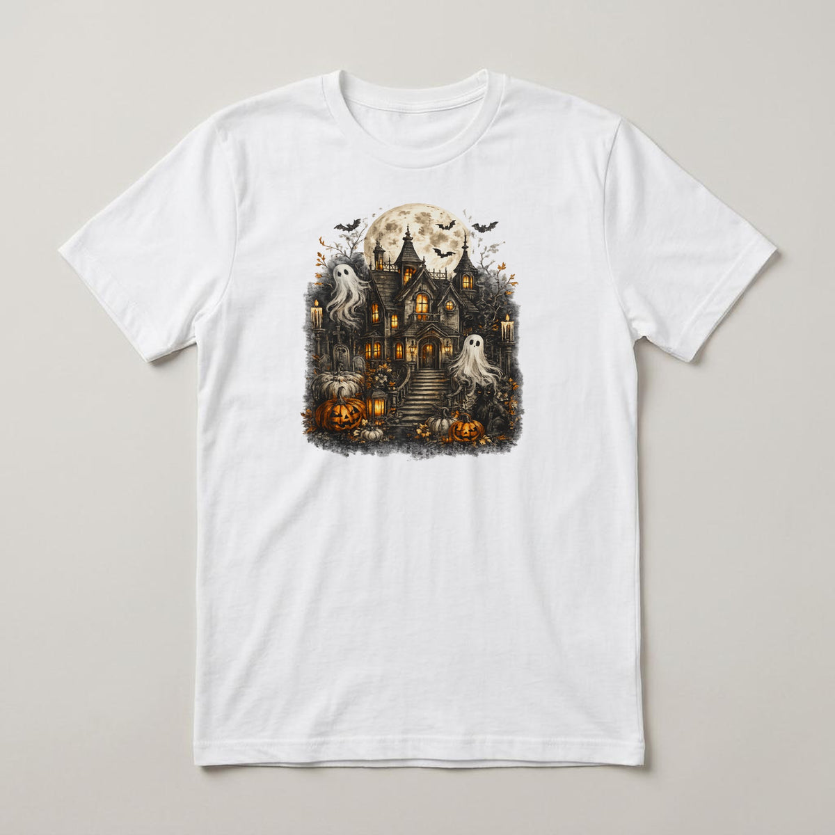 Haunted House Ghosts t-shirt, white, print on the front