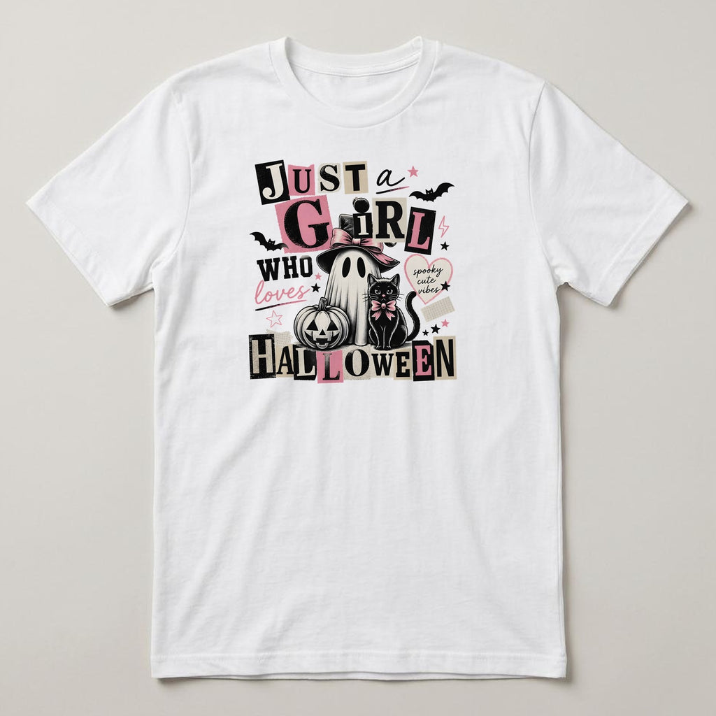 Just a Girl Who Loves Halloween t-shirt, white, print on the front