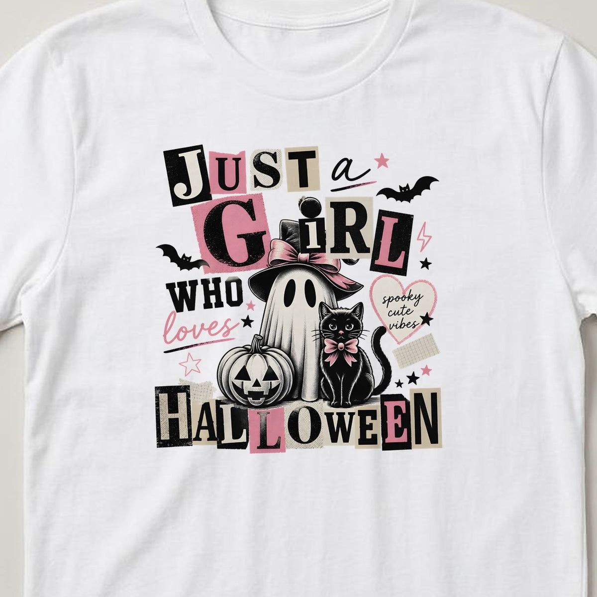 Just a Girl Who Loves Halloween t-shirt, white, close view of the print