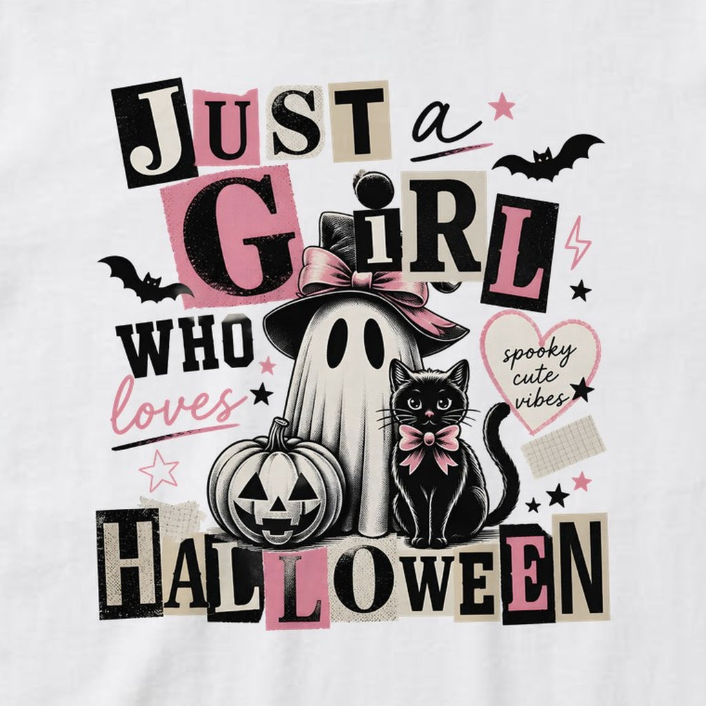 Just a Girl Who Loves Halloween t-shirt, white, print detail