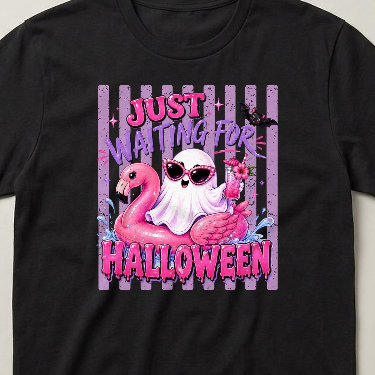 Just Waiting for Halloween (Flamingo) t-shirt, black, closer look