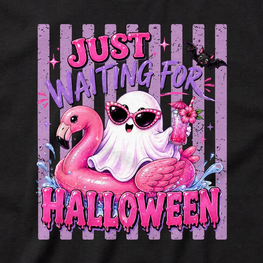 Just Waiting for Halloween (Flamingo) t-shirt, black, print close-up
