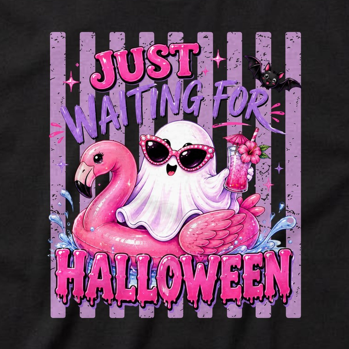 Just Waiting for Halloween (Flamingo) t-shirt, black, print close-up