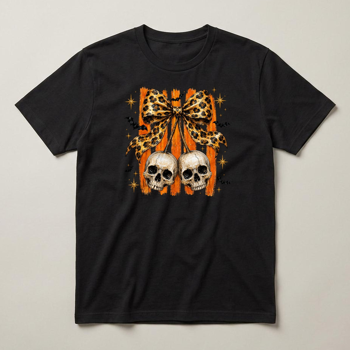 Leopard Bow Skulls t-shirt, black, print on the front