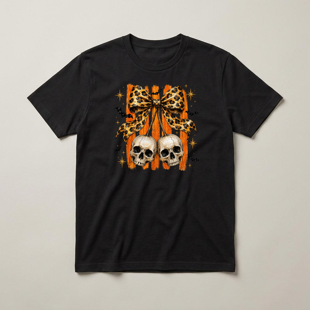 Leopard Bow Skulls t-shirt, black, print on the front