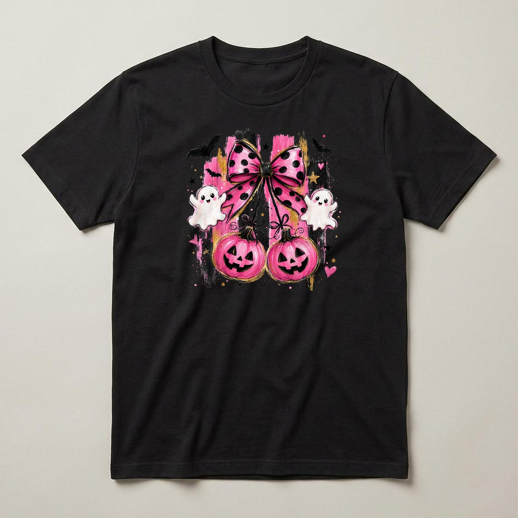 Pink Bow Pumpkins t-shirt, black, print on the front