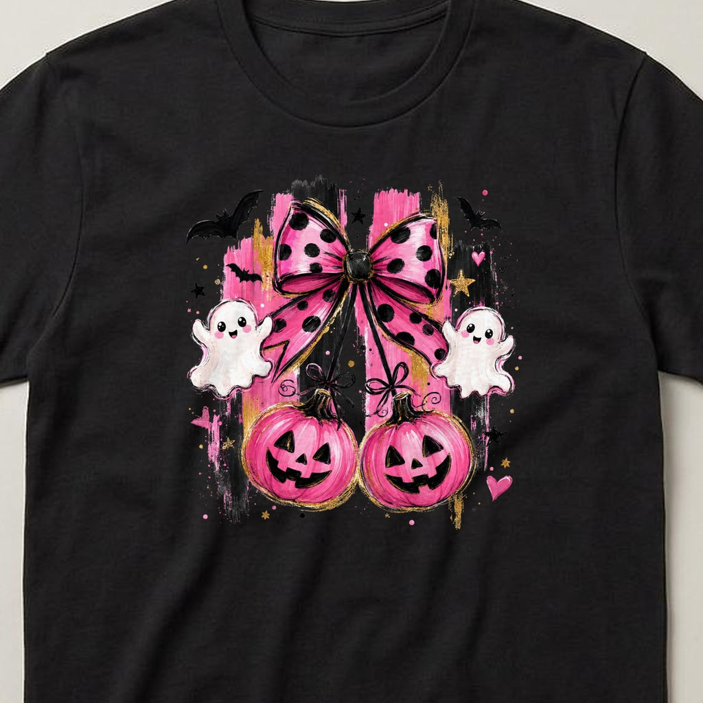 Pink Bow Pumpkins t-shirt, black, close view of the print