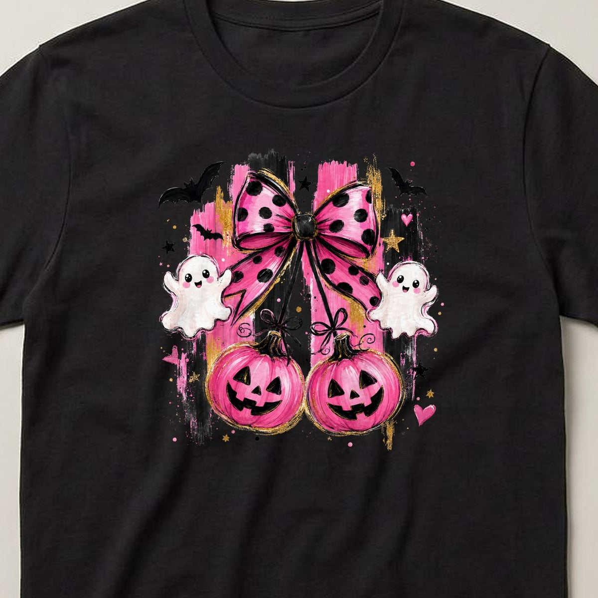 Pink Bow Pumpkins t-shirt, black, close view of the print
