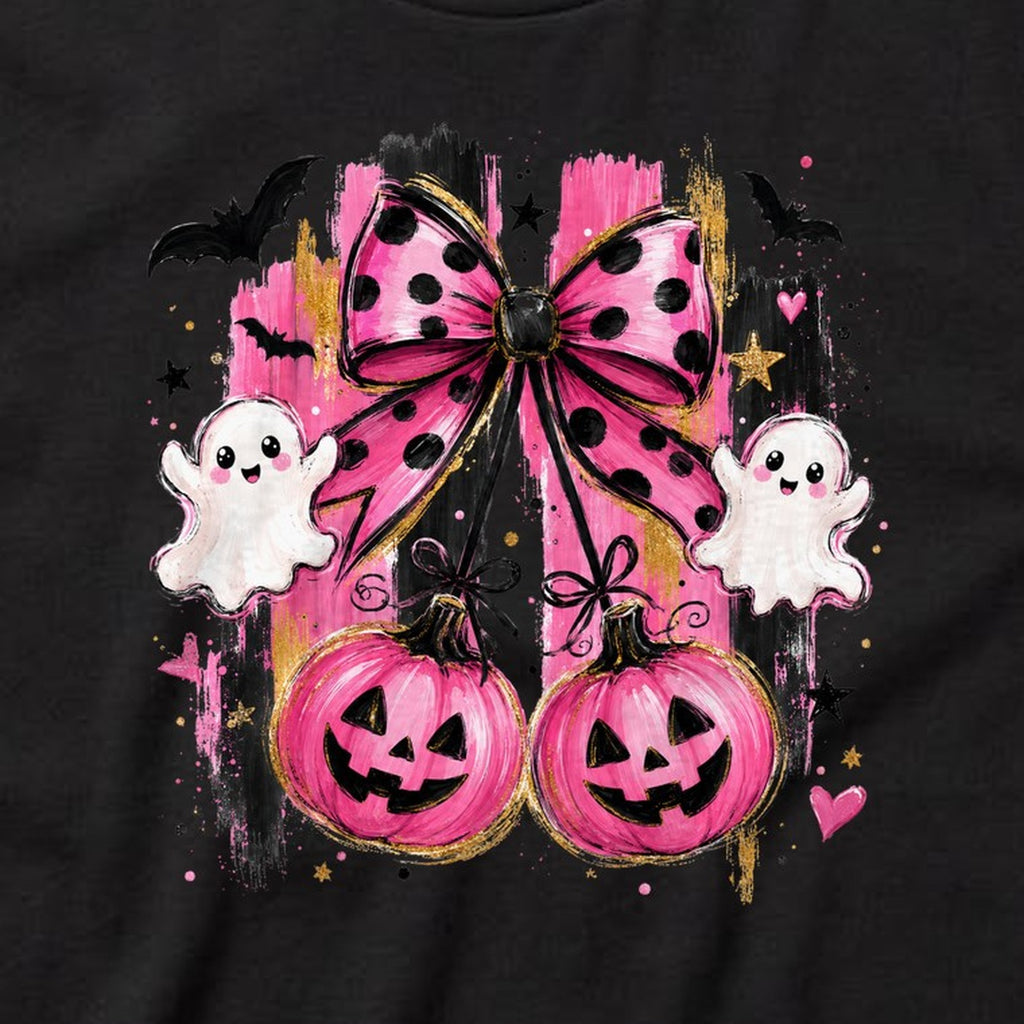 Pink Bow Pumpkins t-shirt, black, print detail