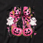 Pink Bow Pumpkins t-shirt, black, print detail