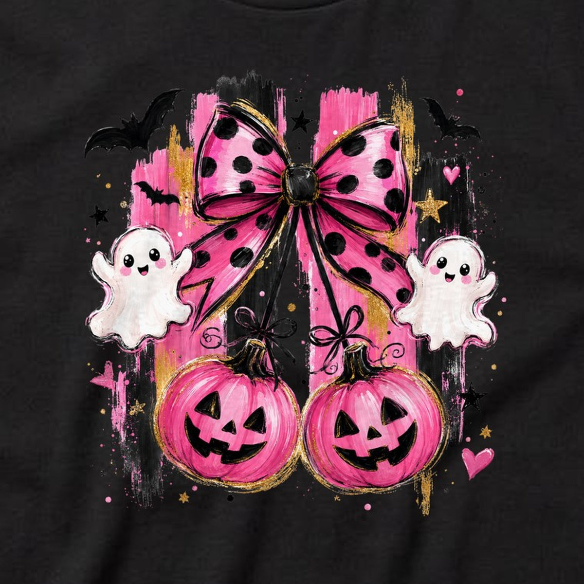 Pink Bow Pumpkins t-shirt, black, print detail