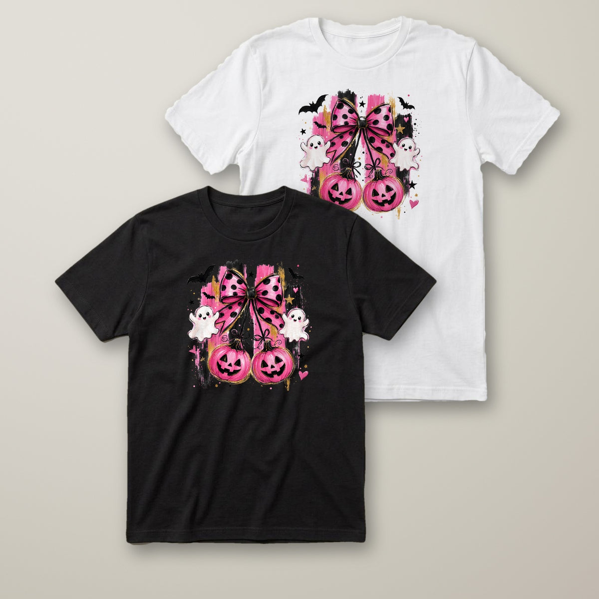 Pink Bow Pumpkins t-shirt in black and white