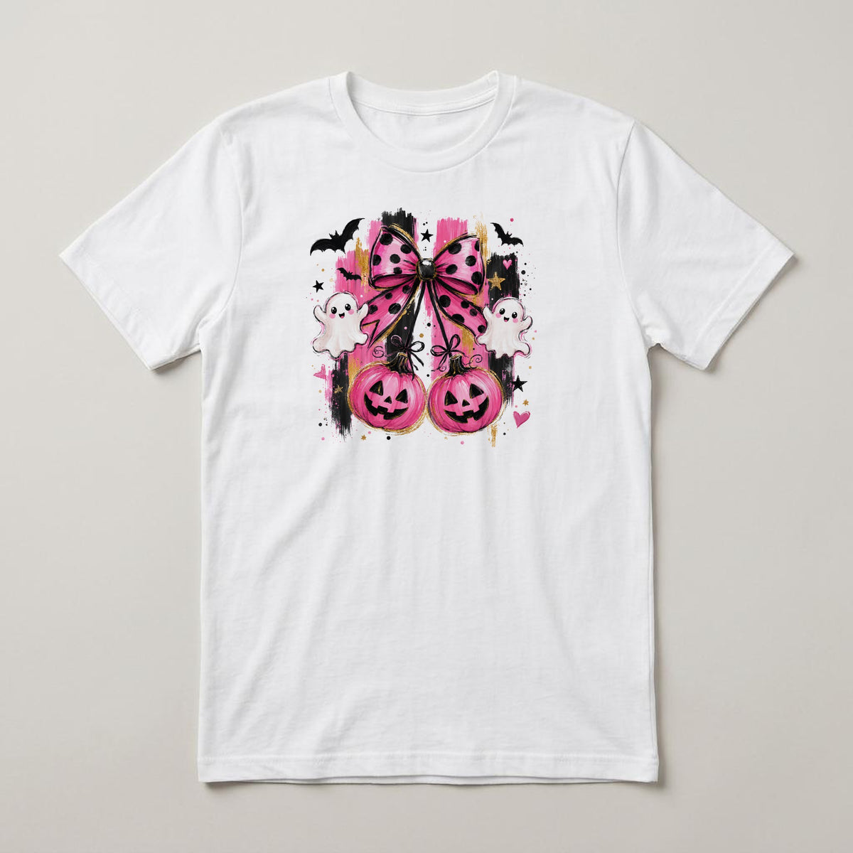 Pink Bow Pumpkins t-shirt, white, print on the front
