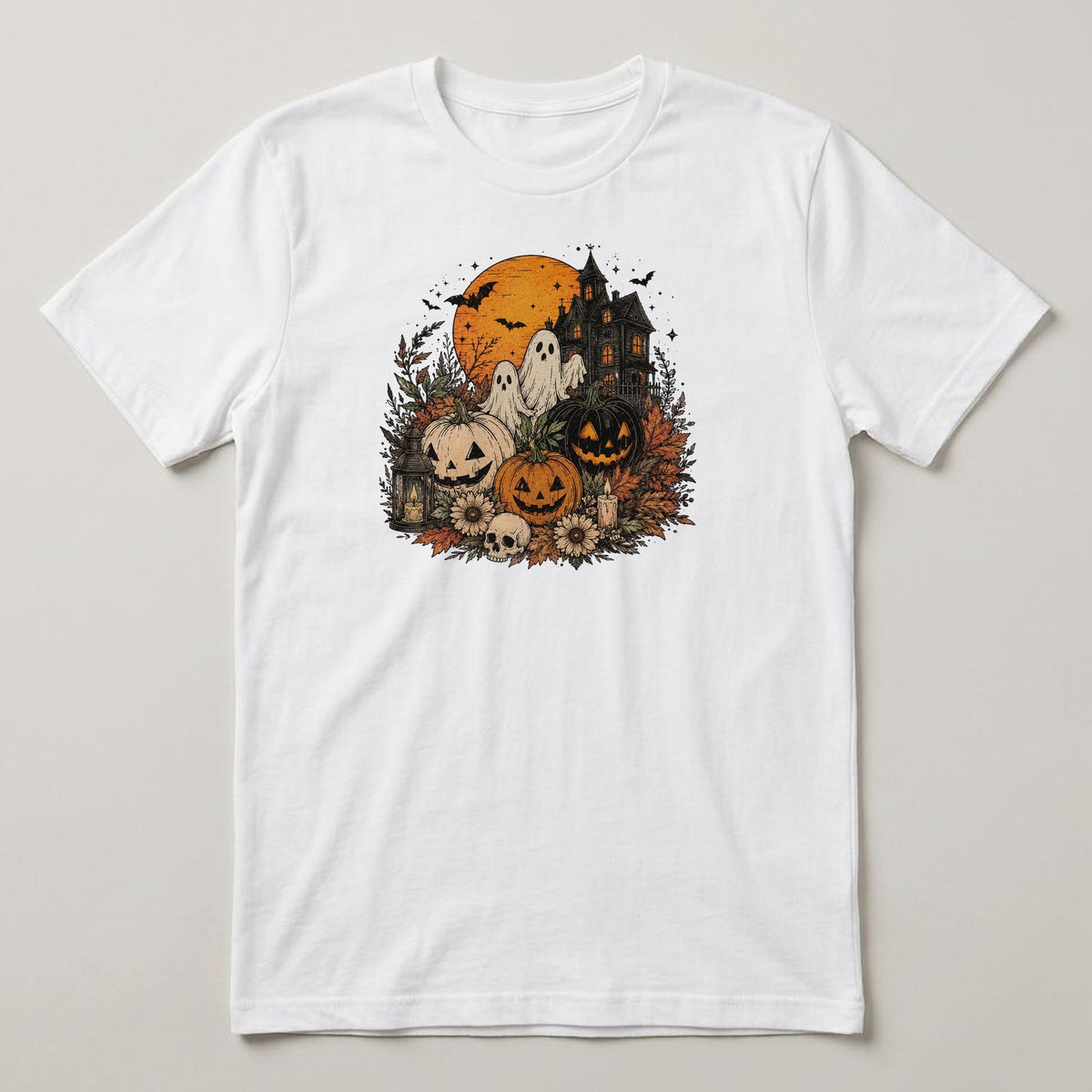 Ghost Pumpkin Scene t-shirt, white, print on the front