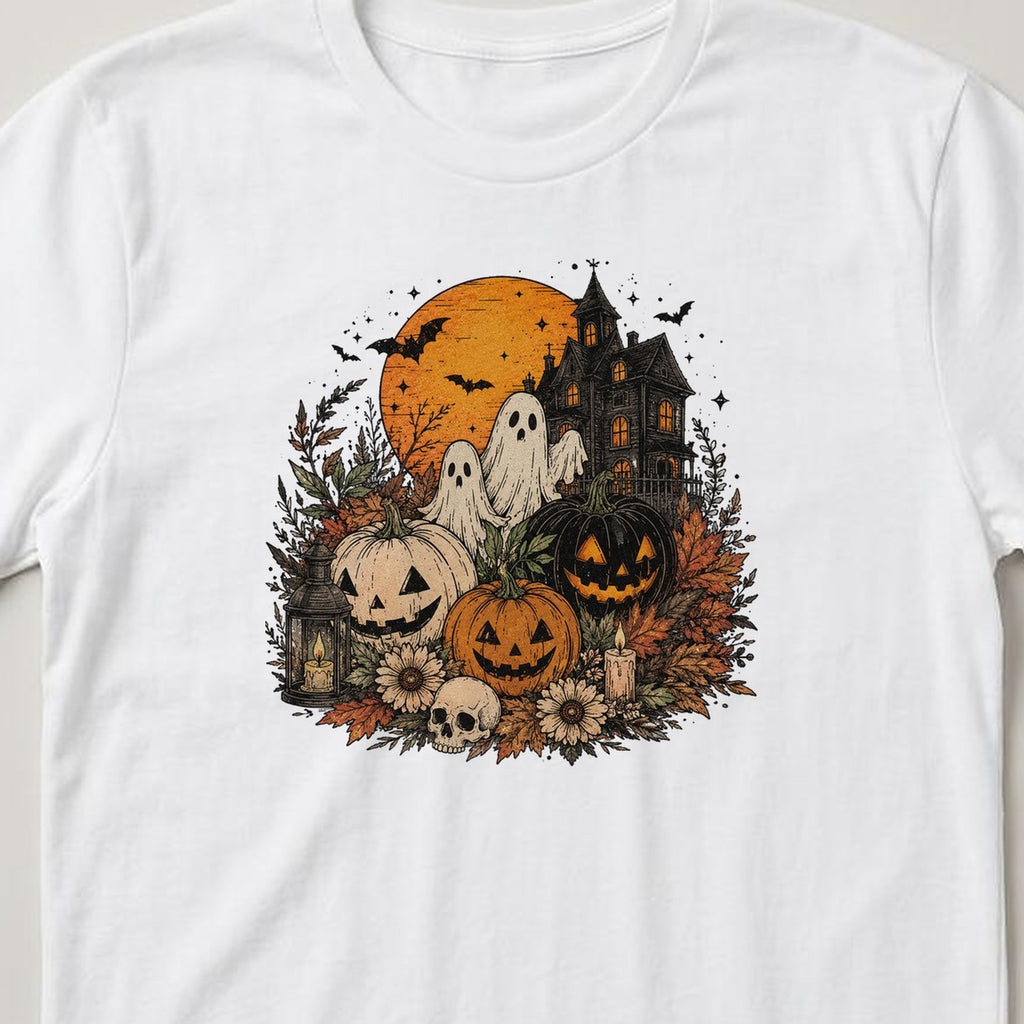 Ghost Pumpkin Scene t-shirt, white, close view of the print