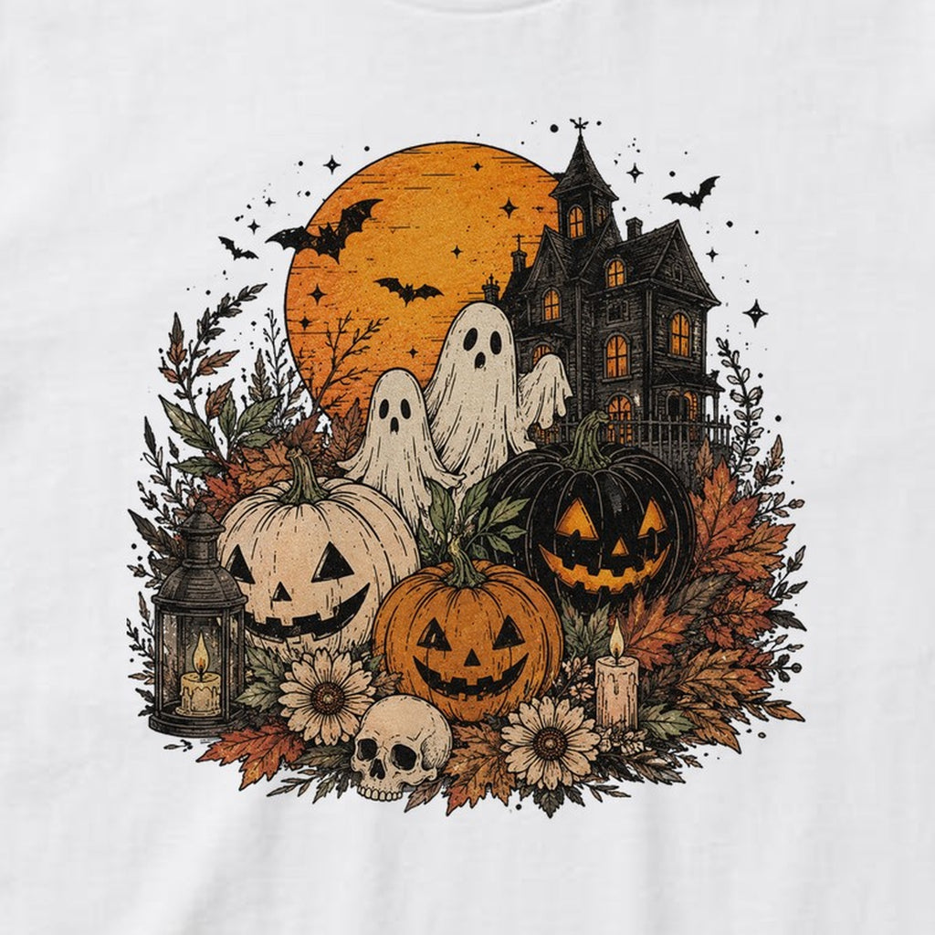 Ghost Pumpkin Scene t-shirt, white, print detail