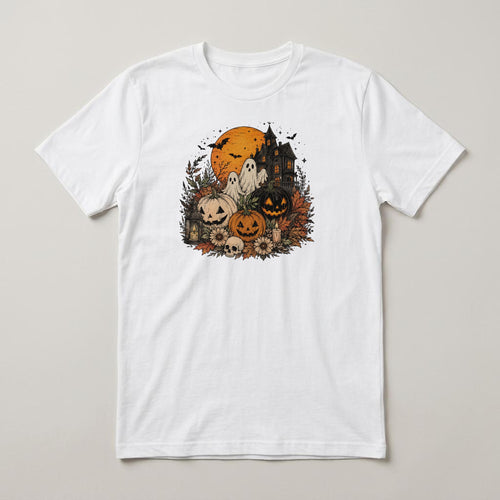 Ghost Pumpkin Scene t-shirt, white, print on the front