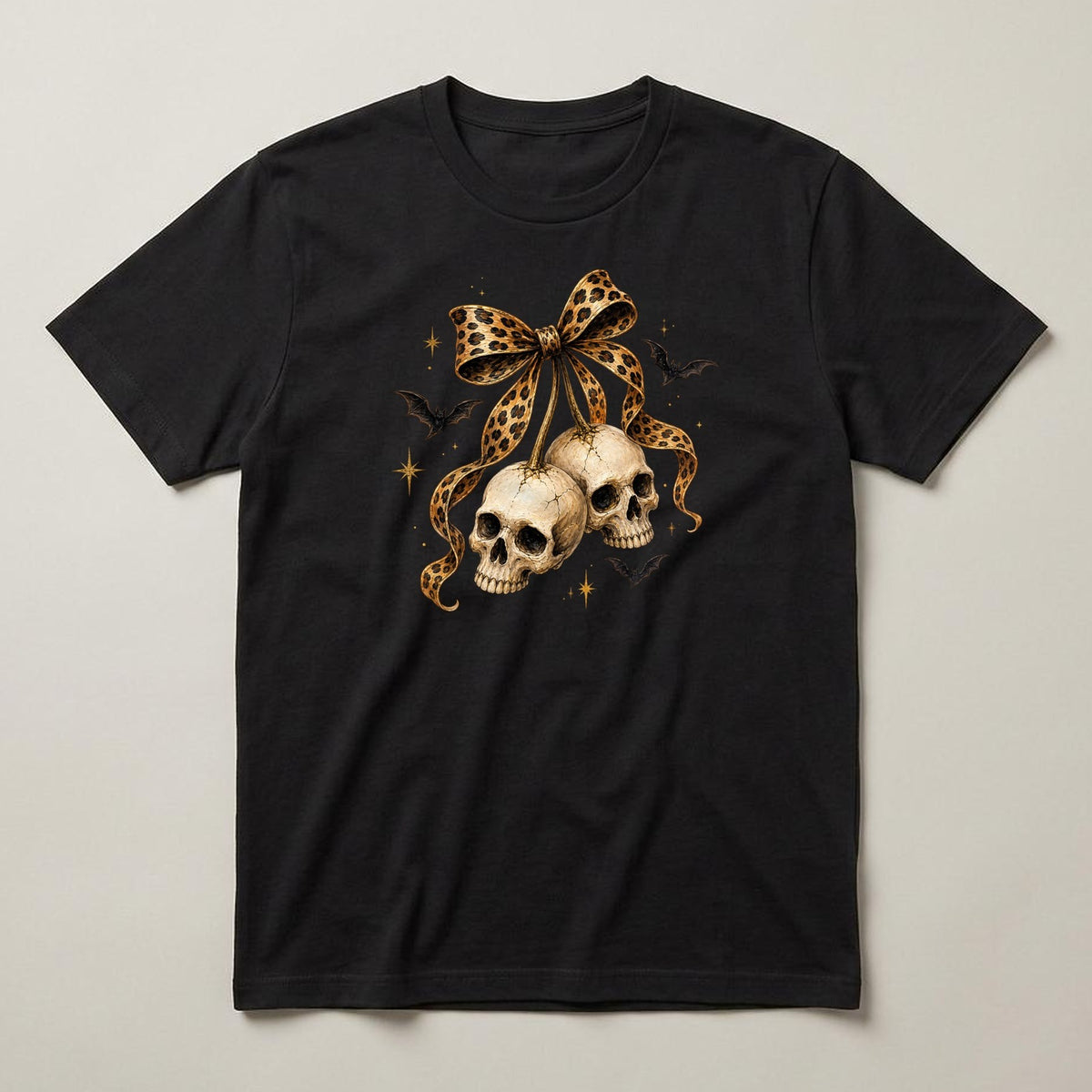 Leopard Bow Two Skulls t-shirt, black, print on the front