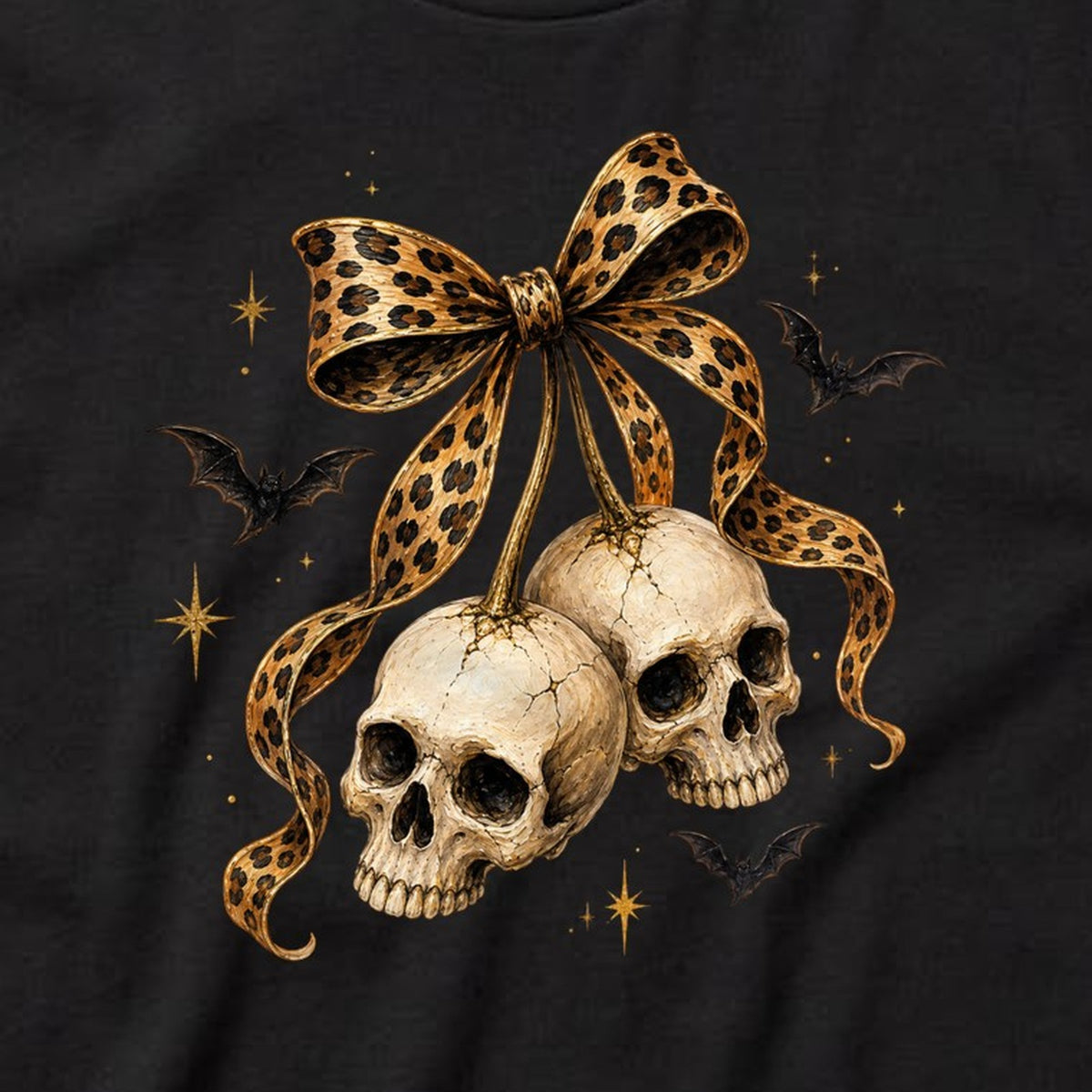 Leopard Bow Two Skulls t-shirt, black, print detail
