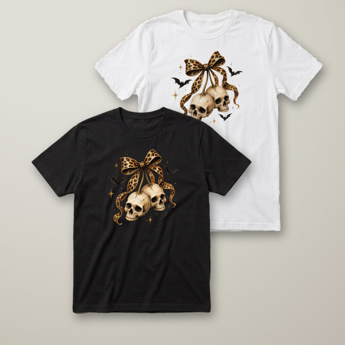 Leopard Bow Two Skulls t-shirt in black and white