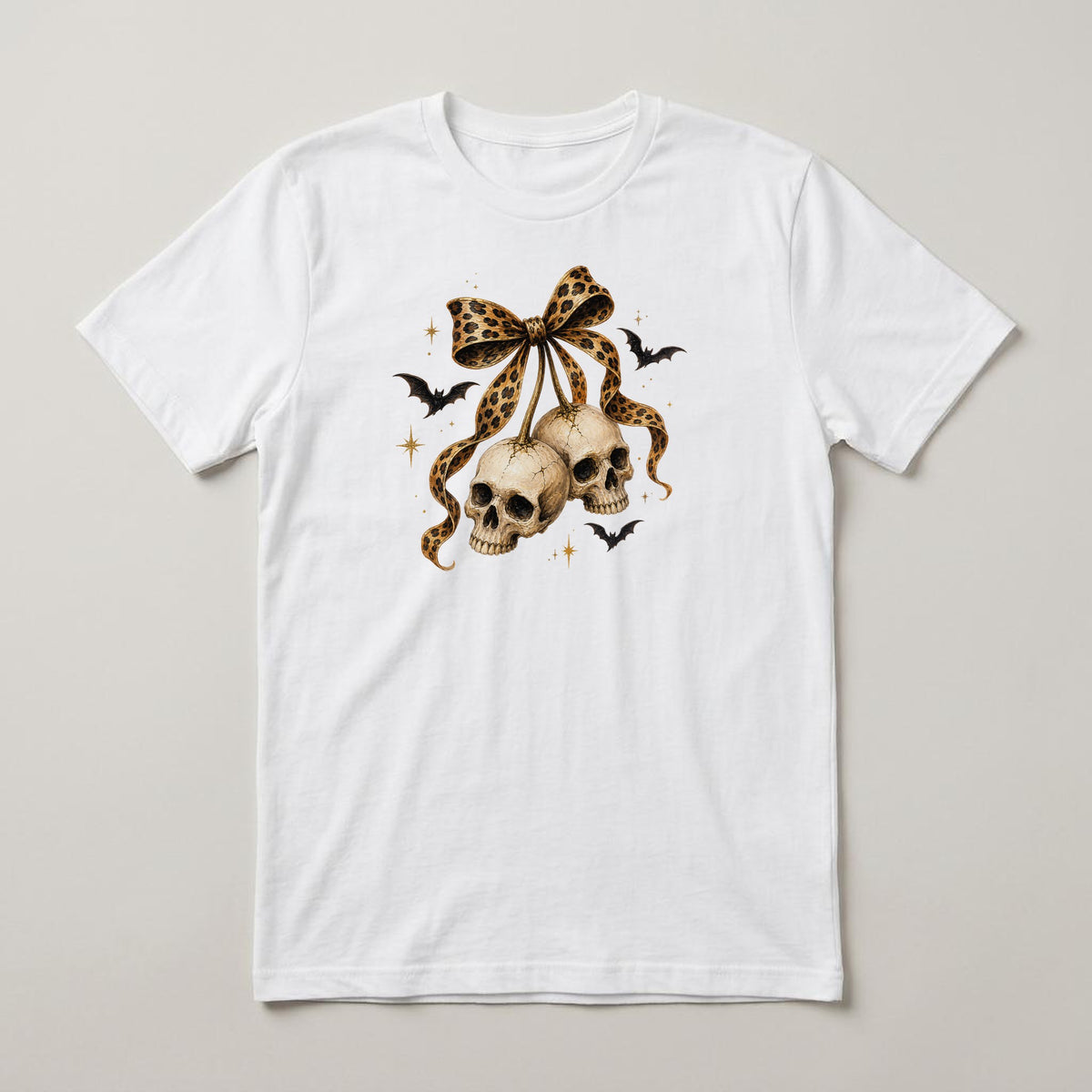 Leopard Bow Two Skulls t-shirt, white, print on the front