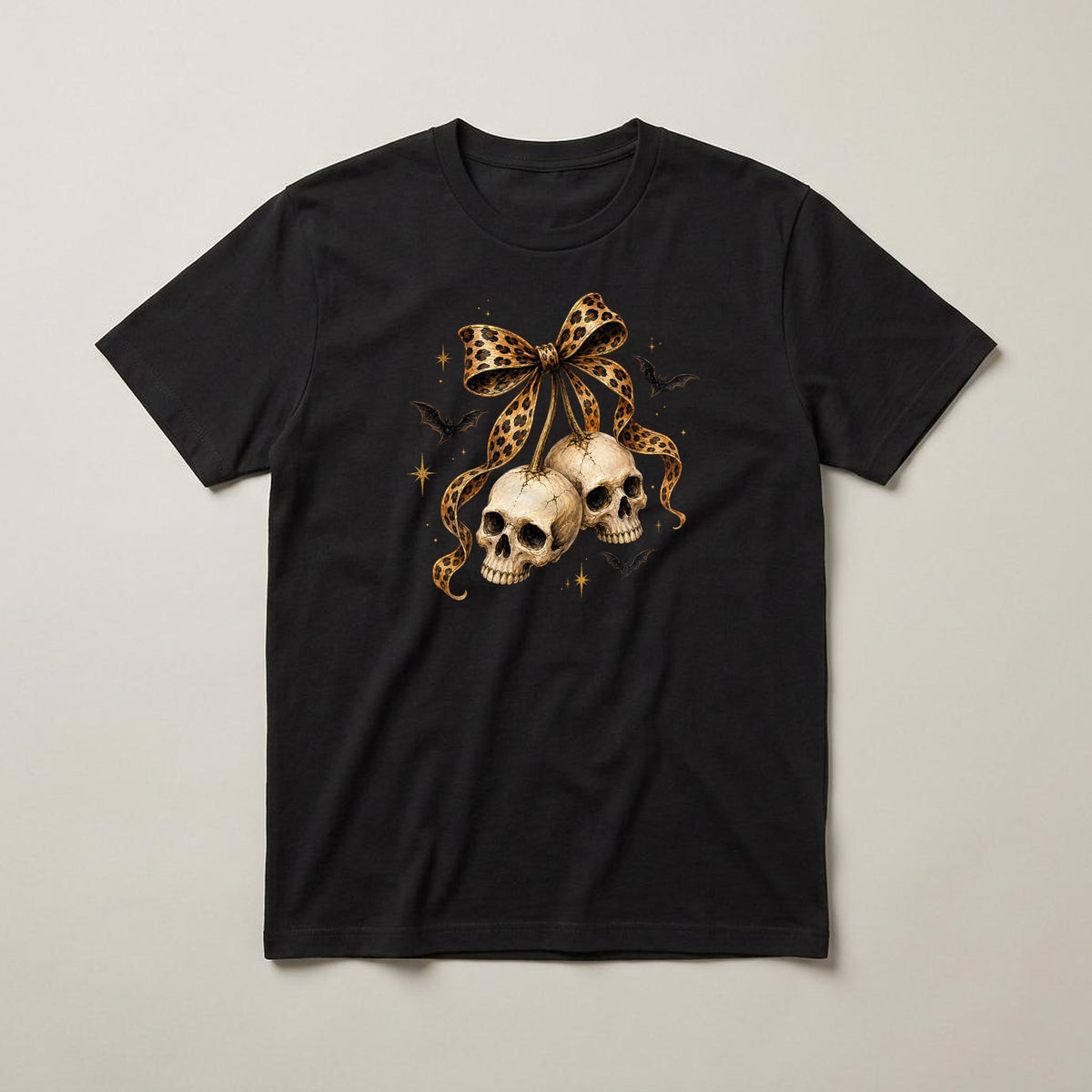 Leopard Bow Two Skulls t-shirt, black, print on the front