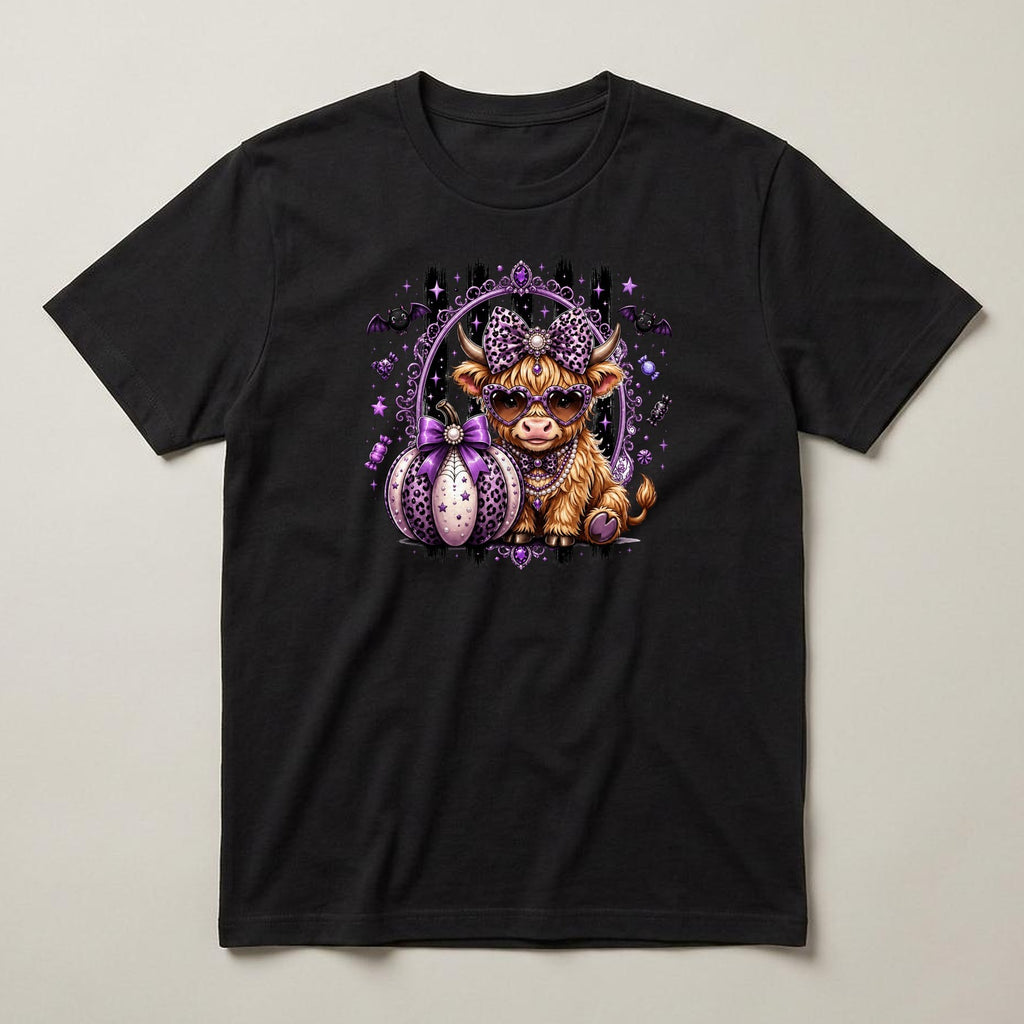 Purple Highland Cow t-shirt, black, print on the front