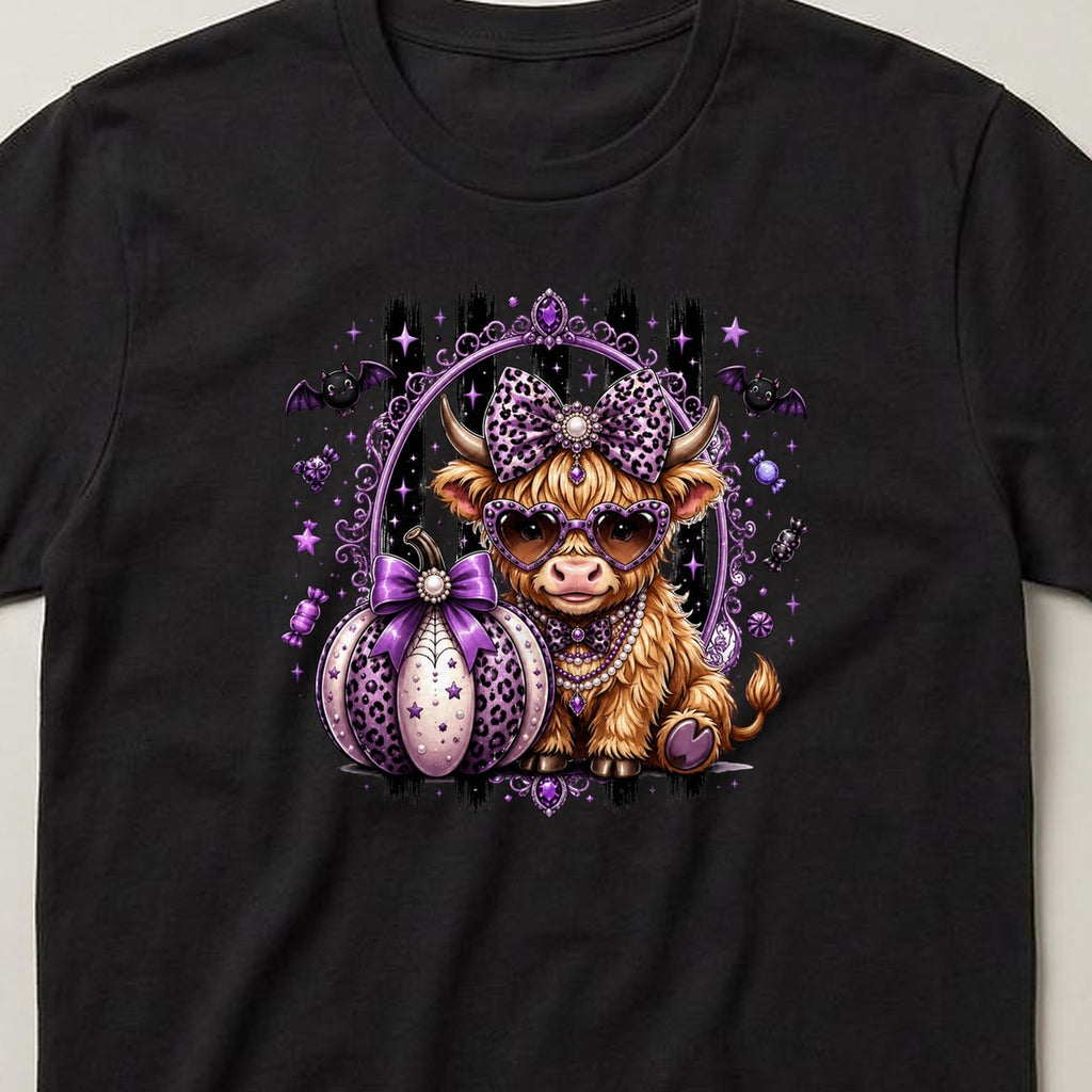 Purple Highland Cow t-shirt, black, close view of the print