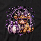 Purple Highland Cow t-shirt, black, print detail