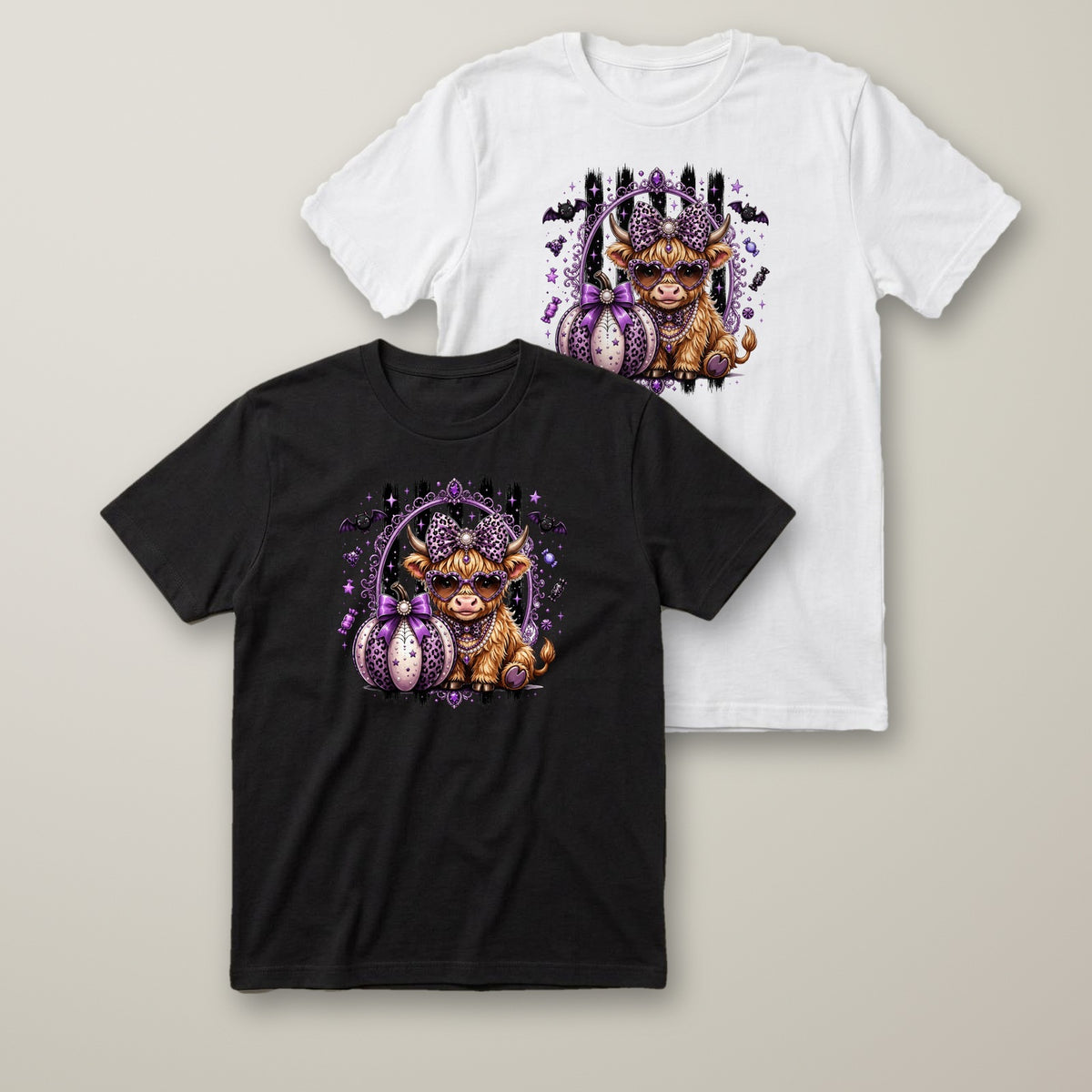 Purple Highland Cow t-shirt in black and white