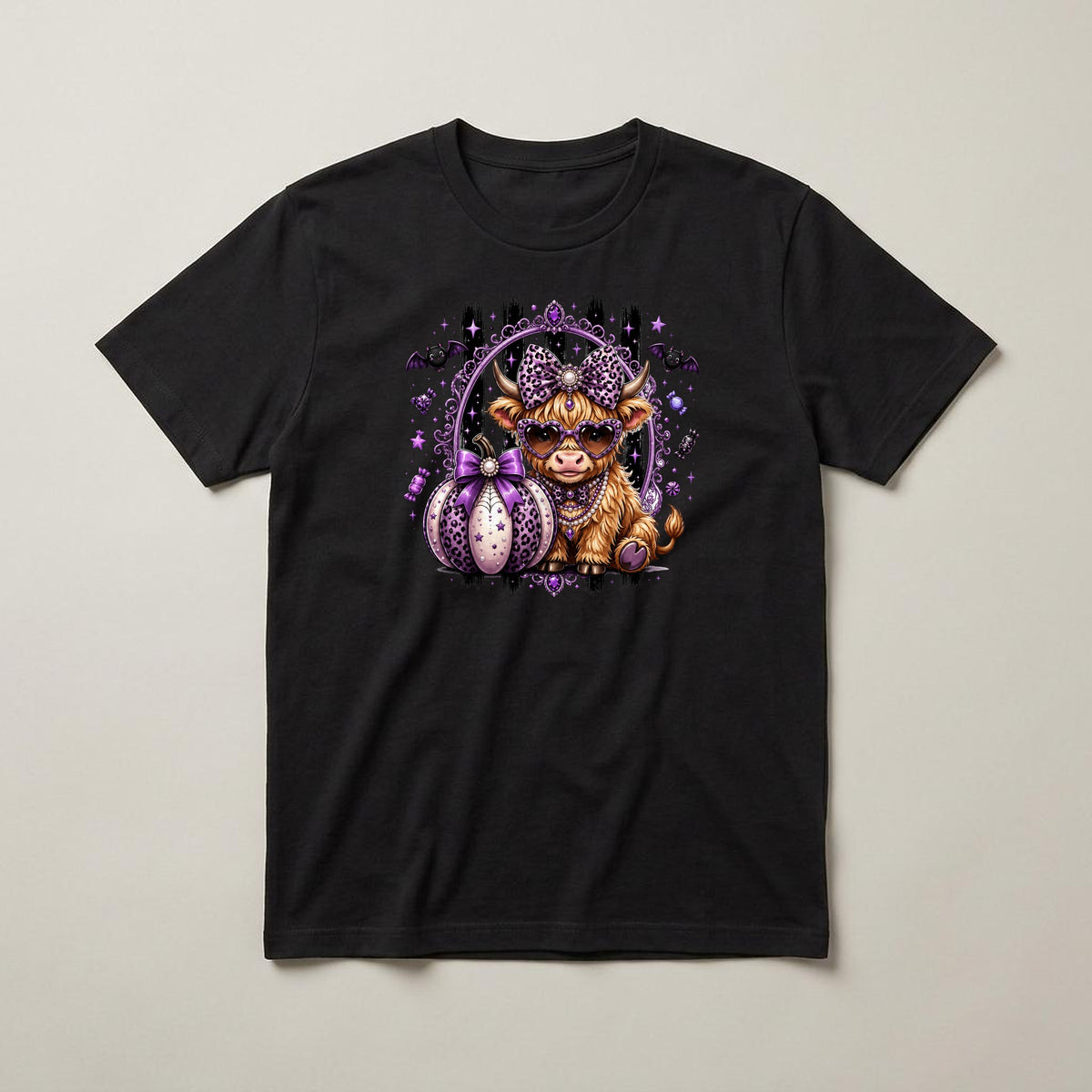 Purple Highland Cow t-shirt, black, print on the front