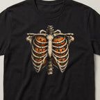Skeleton Ribcage Pumpkins t-shirt, black, close view of the print