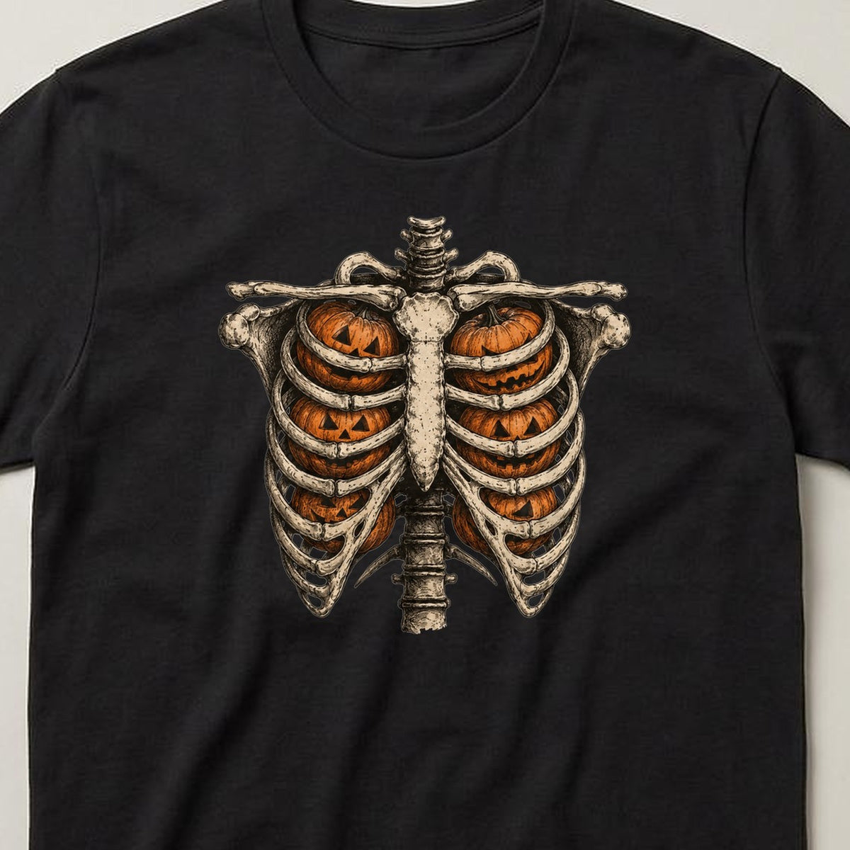 Skeleton Ribcage Pumpkins t-shirt, black, close view of the print