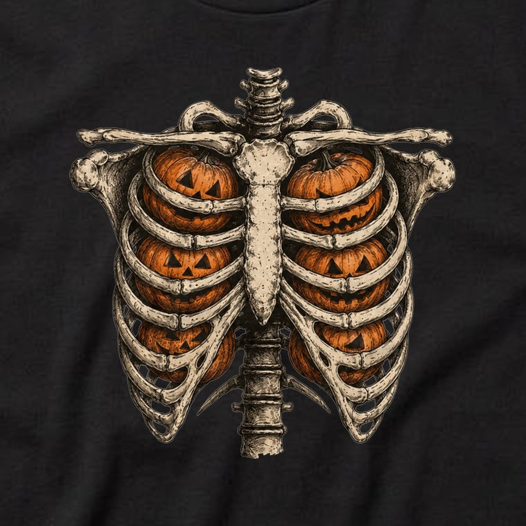 Skeleton Ribcage Pumpkins t-shirt, black, print detail