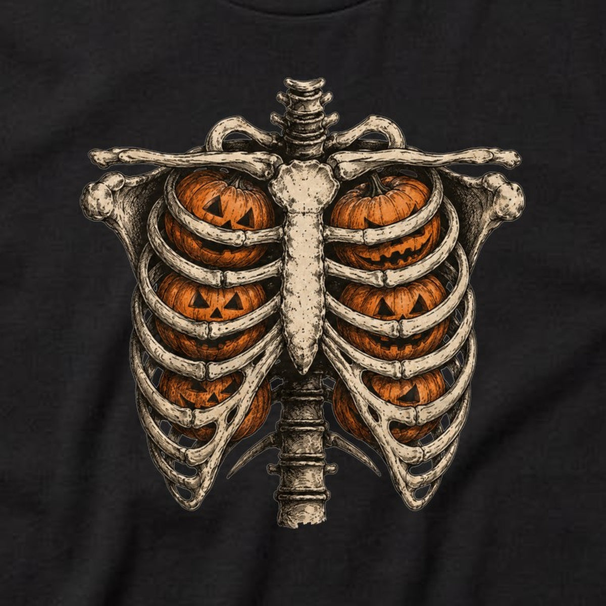 Skeleton Ribcage Pumpkins t-shirt, black, print detail