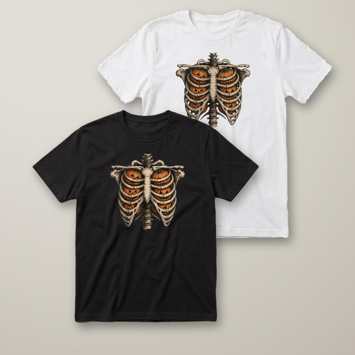 Skeleton Ribcage Pumpkins t-shirt in black and white