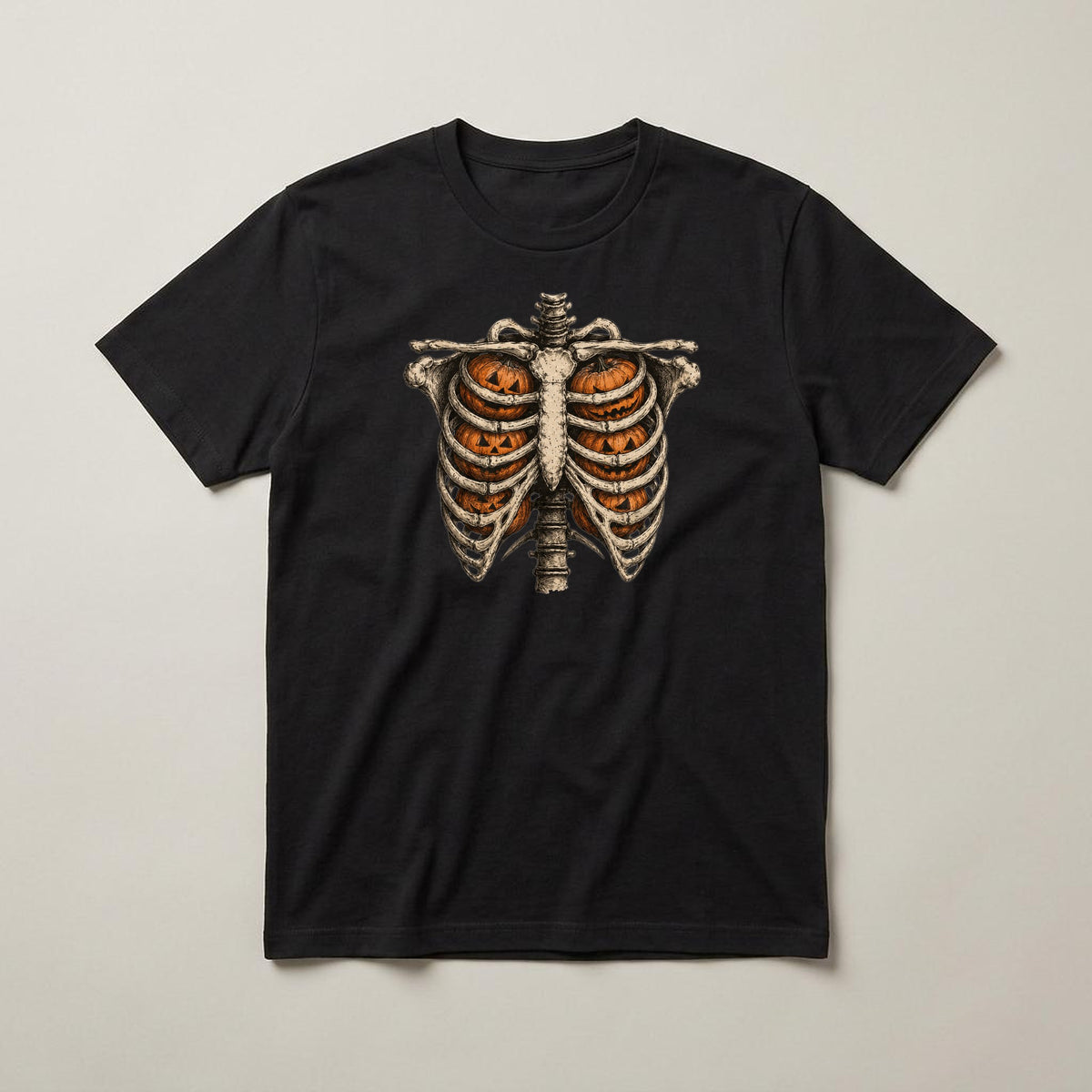 Skeleton Ribcage Pumpkins t-shirt, black, print on the front