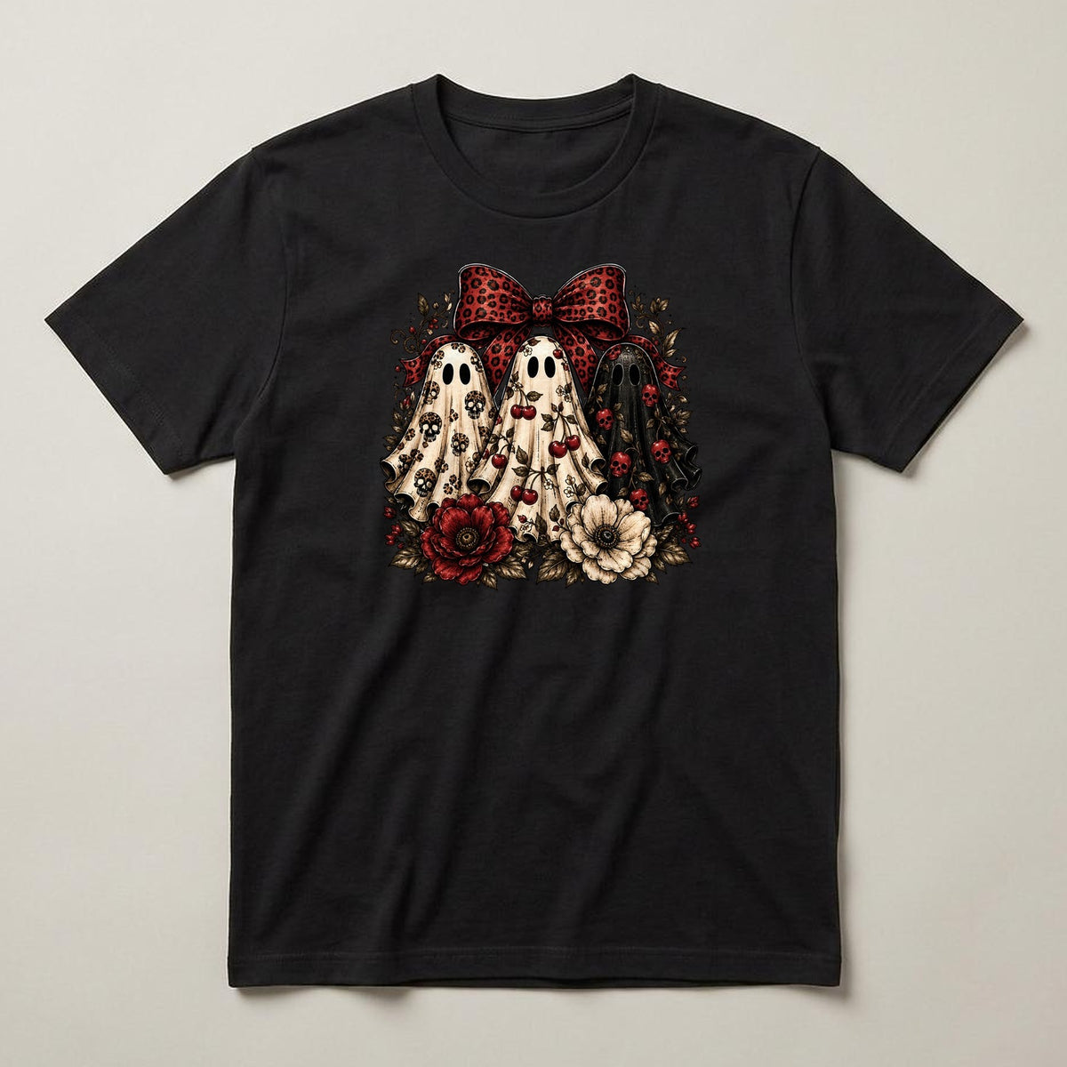 Bow Ghosts & Flowers t-shirt, black, print on the front
