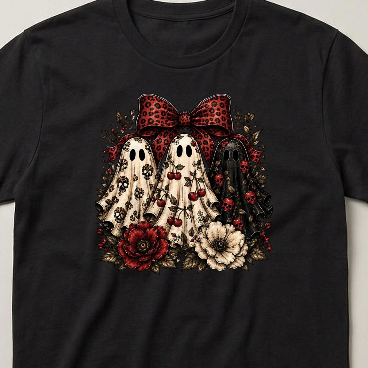 Bow Ghosts & Flowers t-shirt, black, close view of the print