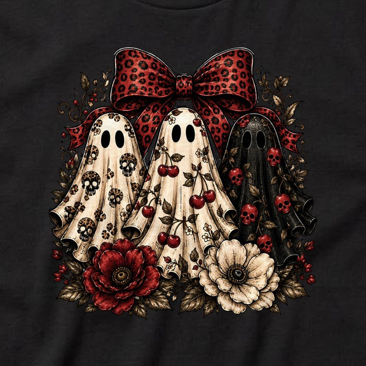 Bow Ghosts & Flowers t-shirt, black, print detail
