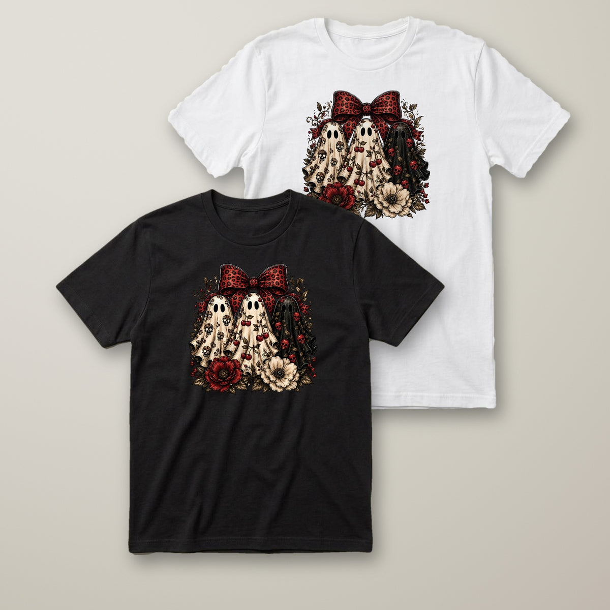 Bow Ghosts & Flowers t-shirt in black and white