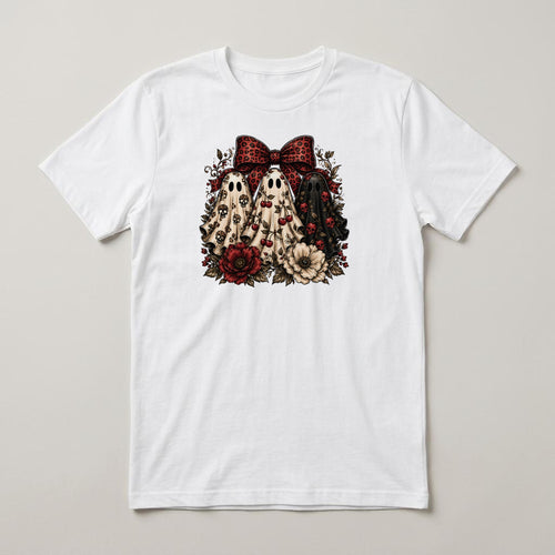 Bow Ghosts & Flowers t-shirt, white, print on the front