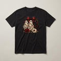 Bow Ghosts & Flowers t-shirt, black, print on the front