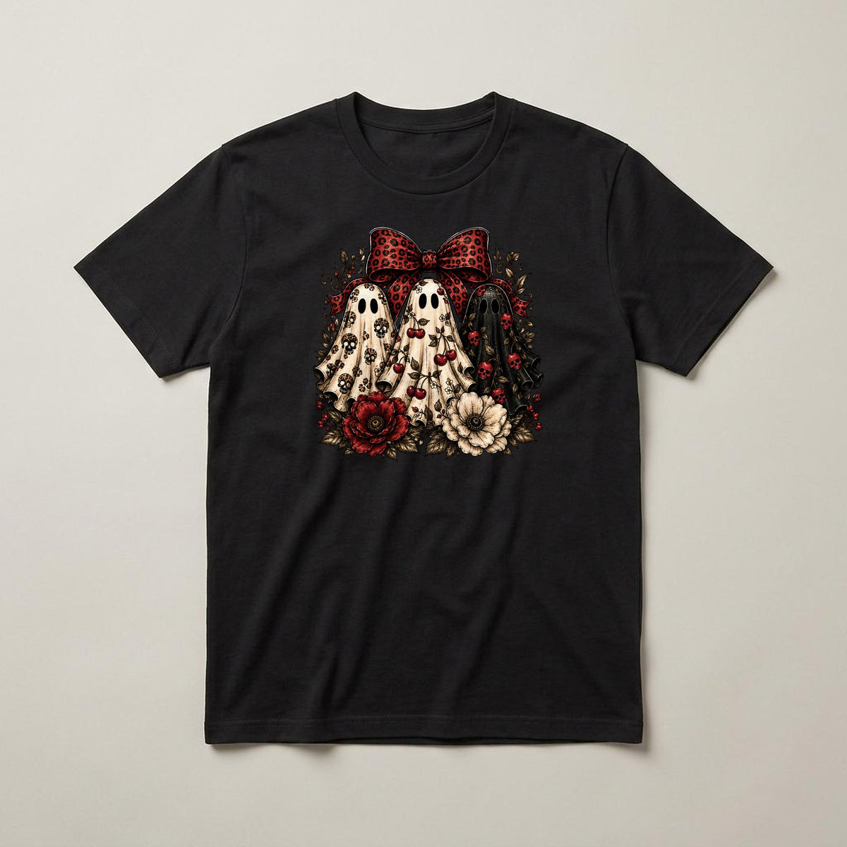 Bow Ghosts & Flowers t-shirt, black, print on the front