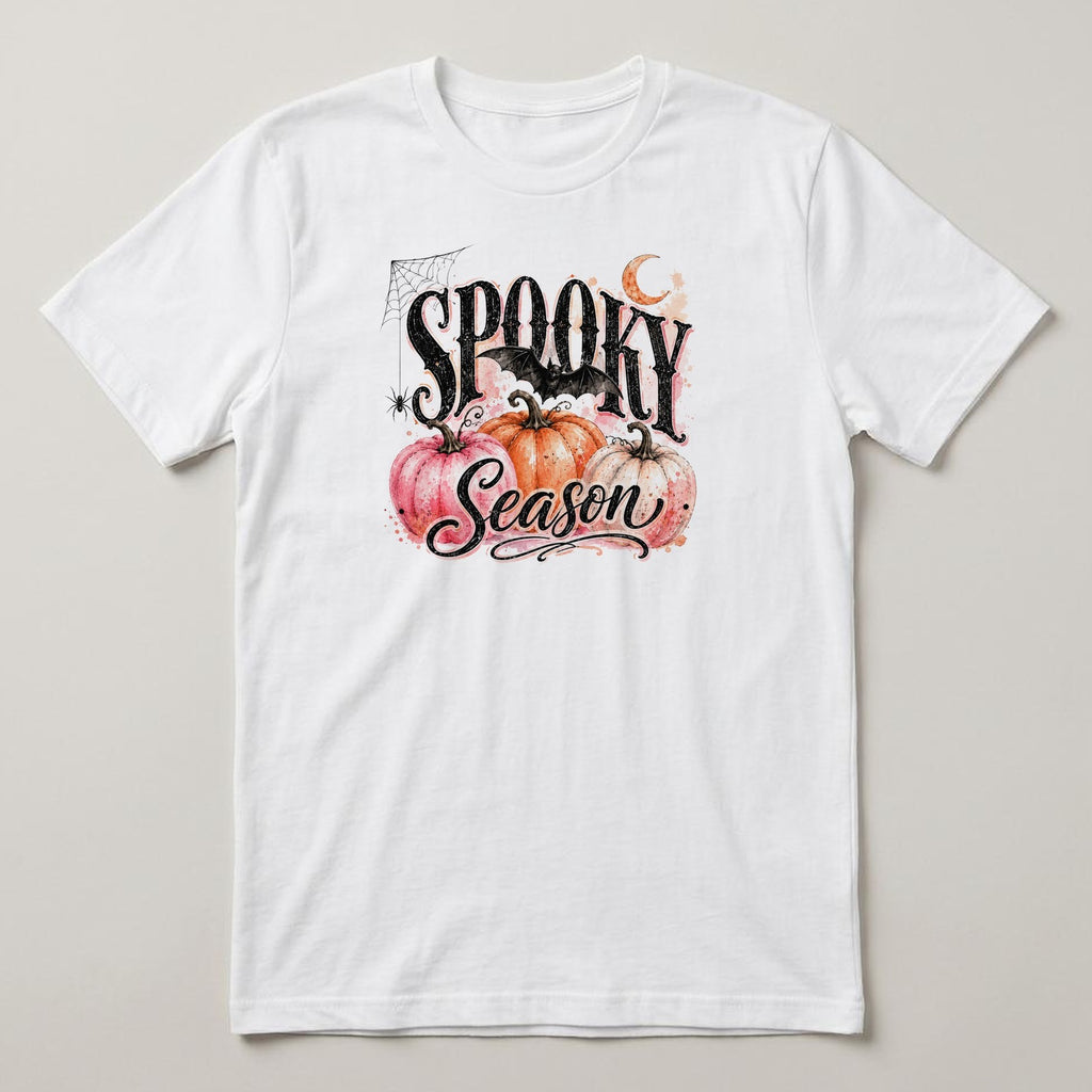 Spooky Season (Pink Pumpkins) t-shirt, white, print on the front