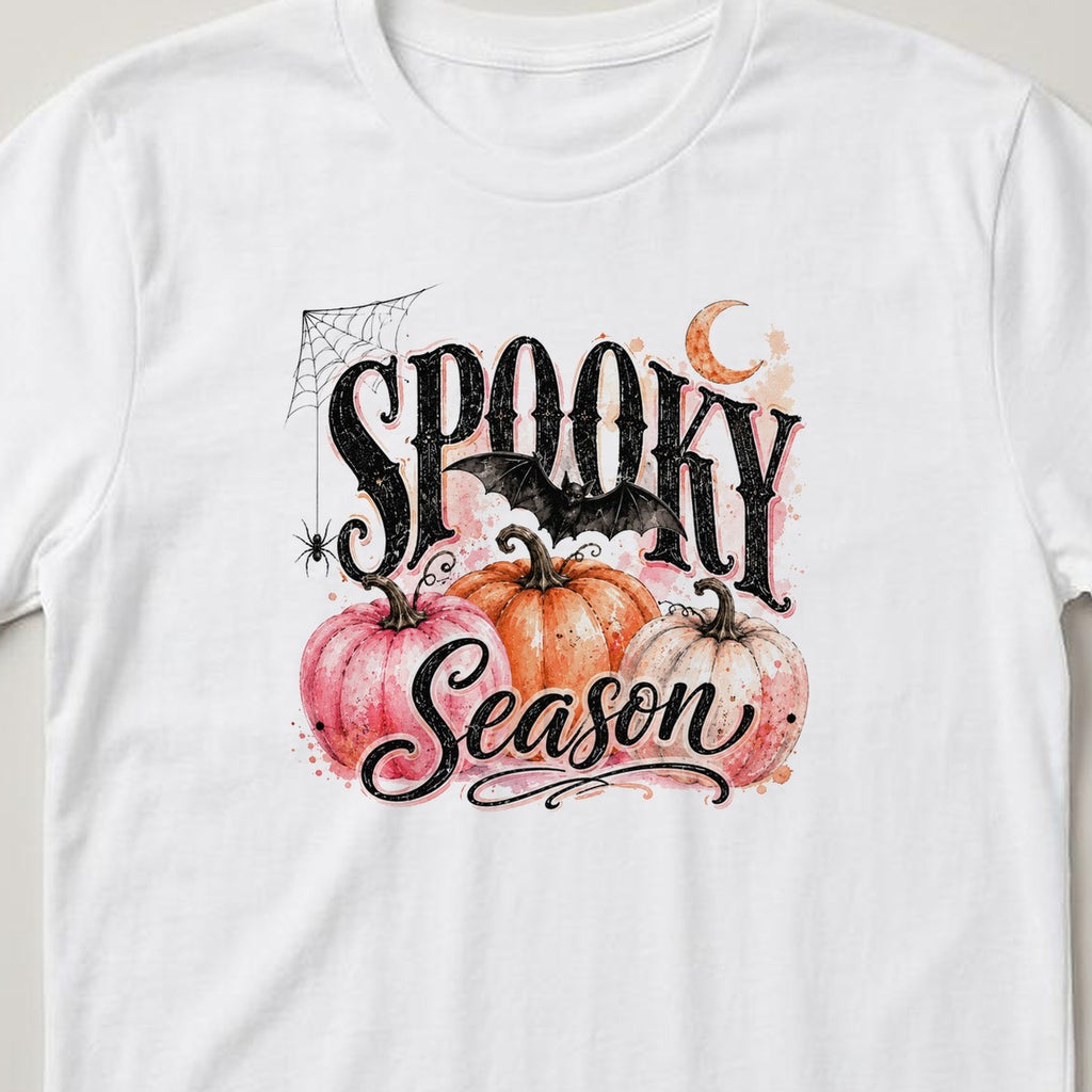 Spooky Season (Pink Pumpkins) t-shirt, white, close view of the print